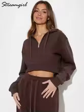 Women Tracksuits Winter Fleece Sweatsuit Brown Warm Crop Zipper Hoodies And Sweatpants Set For Women 2 Piece Velvet Pants Sets