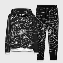 Men's Halloween Spiderweb Print Hooded Sweatshirt and Sweatpants Two-Piece Holiday Party Outfit