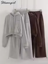 Women Tracksuits Winter Fleece Sweatsuit Brown Warm Crop Zipper Hoodies And Sweatpants Set For Women 2 Piece Velvet Pants Sets