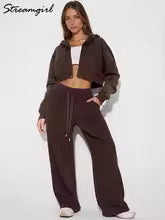 Women Tracksuits Winter Fleece Sweatsuit Brown Warm Crop Zipper Hoodies And Sweatpants Set For Women 2 Piece Velvet Pants Sets